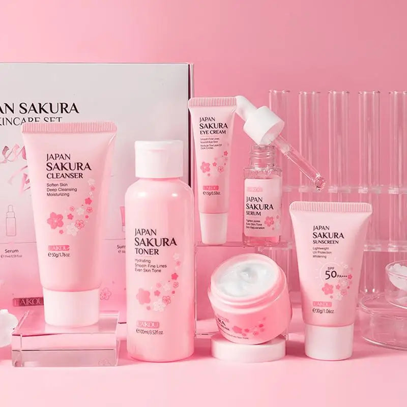 6pcs/box  Facial Products Kit Sakura Skin Care Set Facial Cleanser Face Cream Sunscreen Facial Mask Eye Cream Skincare Product